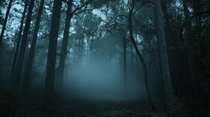 Obraz premium A cinematic shot of a haunted forest, with fog rising from the ground and eerie shadows moving in the trees