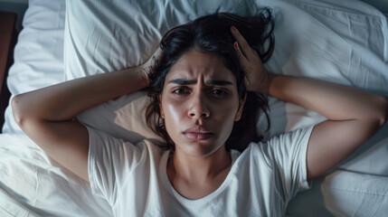 Fototapeta premium A middle-aged woman with a morning headache lies in bed, suffering from a migraine.