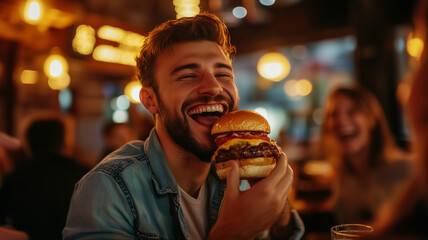 A smiling man takes a big bite of a burger while engaging in lively conversation with his friends at a pub, casual atmosphere. Ai generated