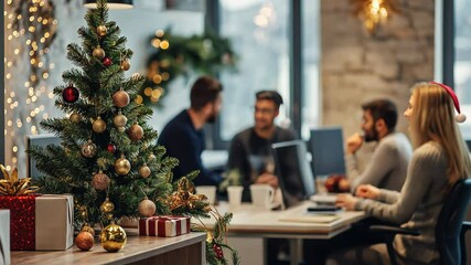 Coworkers celebrating Christmas in modern office, decorating tree and socializing during festive season, balancing work and holiday cheer - Powered by Adobe
