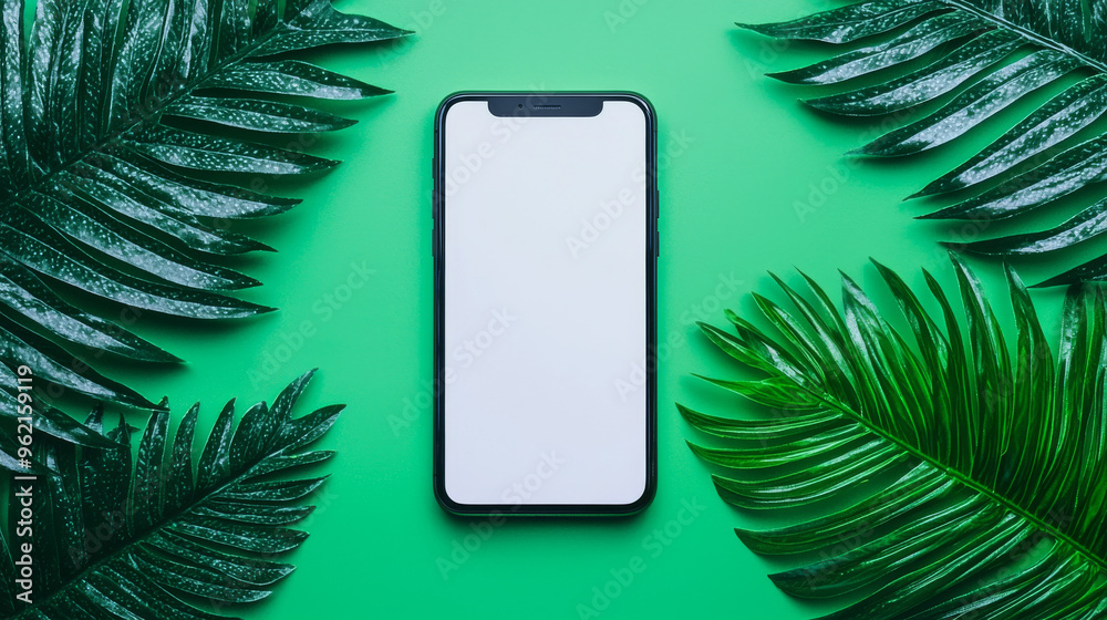 Wall mural Smartphone on a green background with palm leaves.