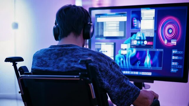 Disabled gamer playing video game with adaptive controller, focused on computer screen in dark room, showcasing inclusive technology and accessibility in esports