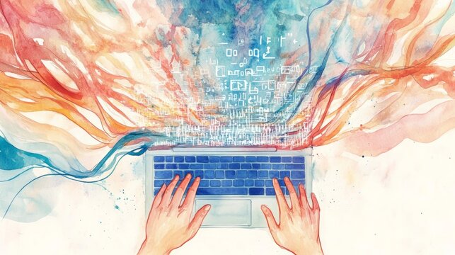Hands typing on a laptop with colorful digital symbols emerging from the screen. Creative tech and IT concept.