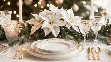 Elegant Christmas table setting featuring white and gold decor with beautiful poinsettias and candles, enhancing festive dining for a joyous holiday celebration