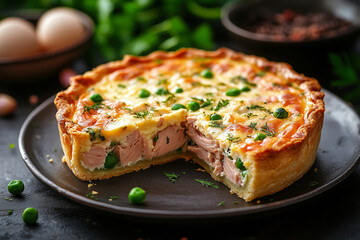 Indulging in a classic quiche Lorraine with tuna and fresh greens, perfect for a delightful brunch gathering with friends