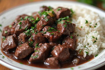 A hearty plate of beef bourguignon served with fluffy rice and fresh herbs, showcasing rich flavors and comforting textures
