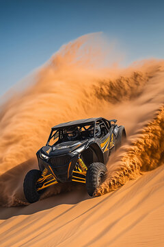 Thrilling sand dune bashing rally with UTVs racing through golden desert landscapes at sunset