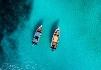 Fototapeta premium Aerial Drone Shot of Two Boats on Turquoise Sea with National Geographic Precision. AI generated illustration