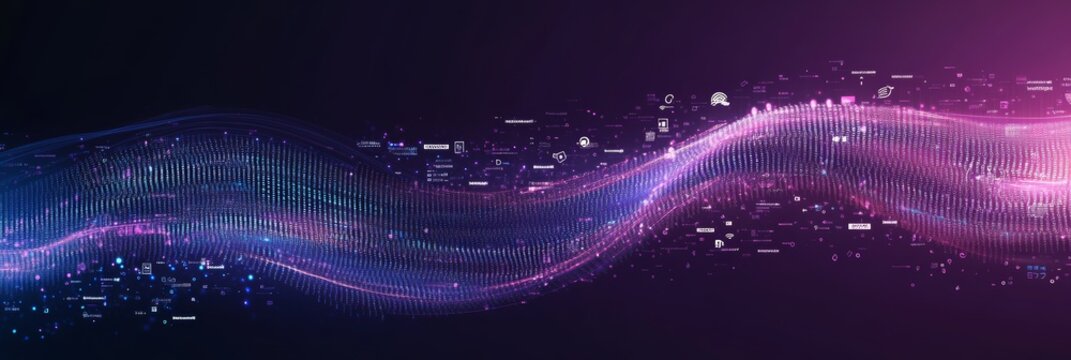 Digital wave of data and code flow with futuristic elements. Technology, programming, and digital transformation concept.