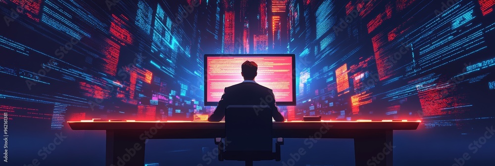 Poster Lone coder at a desk surrounded by streams of colorful code on a large screen. Highlights focus and immersion in programming.