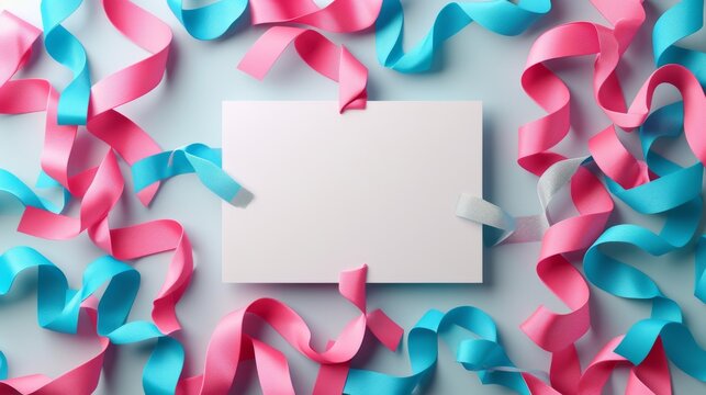 A blank white card positioned among pink and blue ribbons, ideal for crafting personalized invitations, festive announcements, or greeting cards for birthdays, holidays, and other special events.