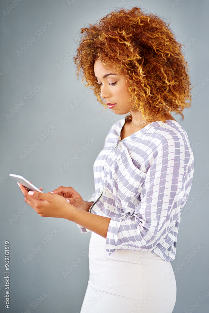 Poster business woman, reading and browsing with phone in studio for online app or communication on a gray 