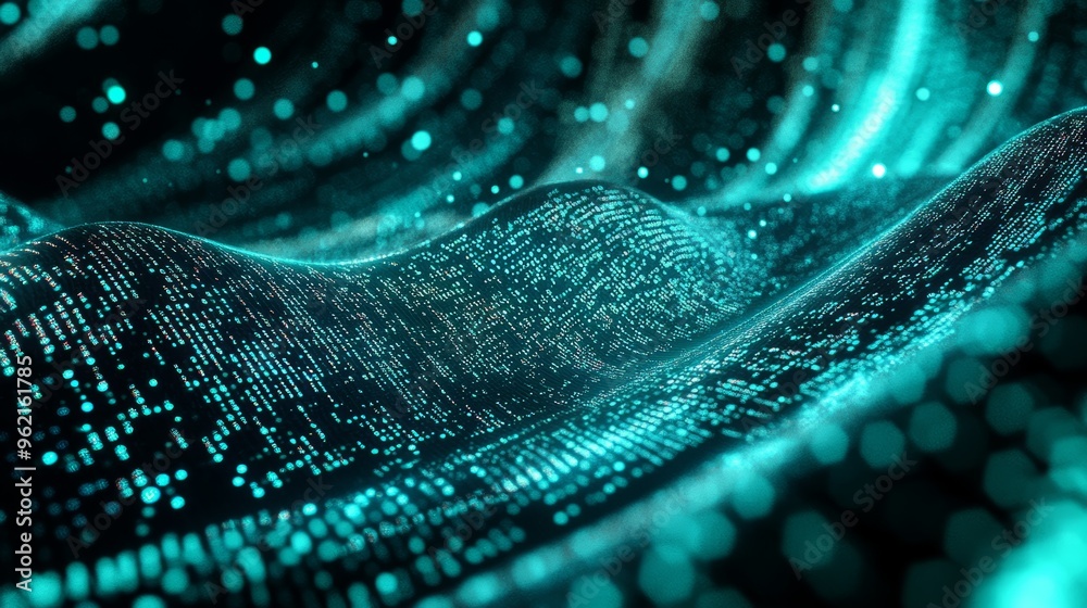 Fototapete Abstract wave of digital data points in a fluid form. Depicts coding and programming concepts.