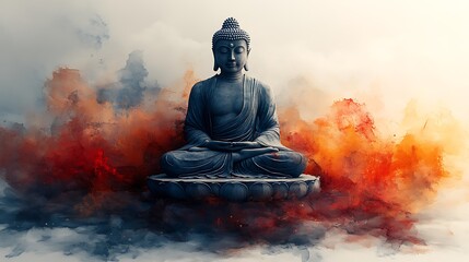 A serene Buddha statue in a meditative pose, surrounded by swirling colorful smoke, symbolizing peace and tranquility.