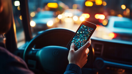 Close up of a bus driver’s hand using a cell phone while maneuvering the bus, with a focus on the phone and steering wheel, set in a realistic driving scenario. Ai generated