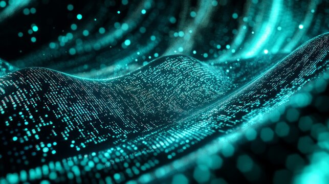 Abstract wave of digital data points in a fluid form. Depicts coding and programming concepts.
