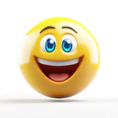 Fototapeta premium A joyful yellow smiley face with bright blue eyes radiates happiness and positivity, set against a clean white background, inviting smiles and laughter to all who see it