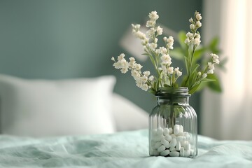 White flowers in a glass vase on a bed side table with a white pillow and green bedspread.