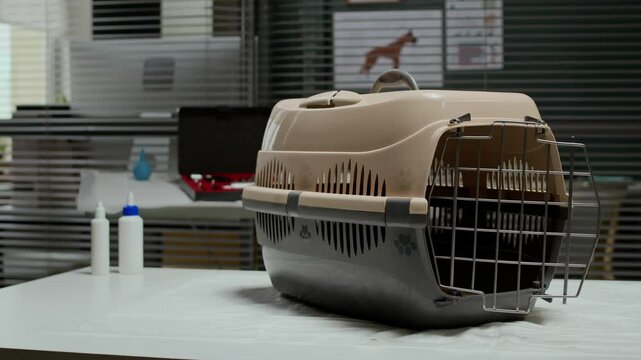 No people shot of empty pet carrier on white table in modern vet clinic