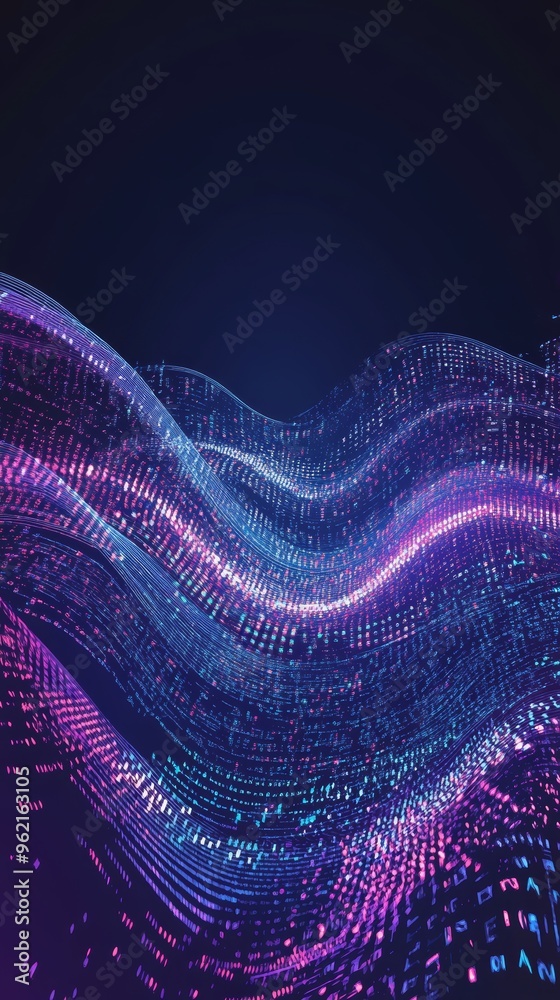 Poster flowing wave of digital data in blue and purple hues with high-tech symbols. data flow and futuristi