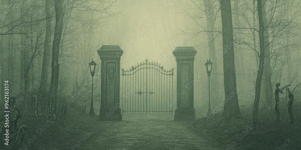 Wall mural halloween skeleton gate with lanterns and skeletons in a foggy forest background