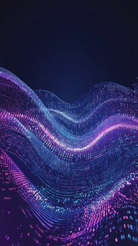 Flowing wave of digital data in blue and purple hues with high-tech symbols. Data flow and futuristic technology concept.