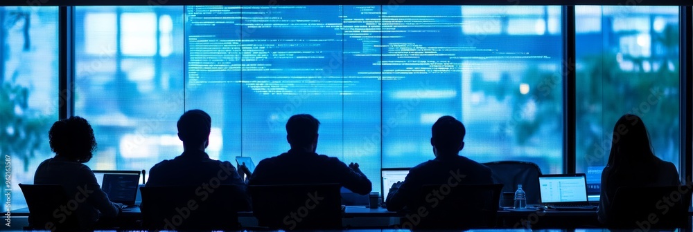 Leinwandbilder Team of developers working on coding projects in front of a large screen displaying code. Collaborative coding environment showcasing teamwork.