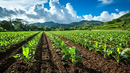 Obraz premium Lush Green Field of Crops Under a Blue Sky.