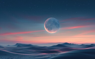 Night Sky with Full Moon Over a Mountain Landscape