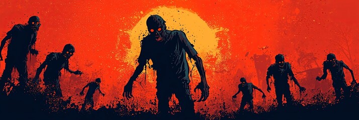 A forward-moving group of zombies with an ominous red sky as the background, capturing a moment of impending doom and terror in a detailed graphic horror illustration.