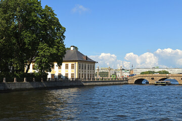 Laundry Bridge, bridge in St. Petersburg over Fontanka River in place where it flows out of Neva River. Russia