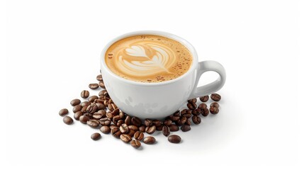 Fototapeta premium Coffee Cup with Latte Art and Beans Isolated on White