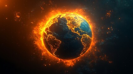 Obraz premium A fiery, burning Earth in a dark space.