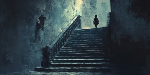 A solitary figure stands atop a dimly lit staircase.