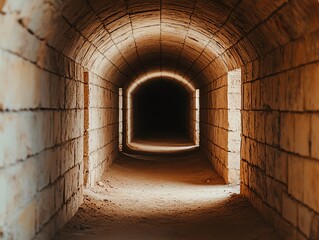 Dark and mysterious brick tunnel with light at the end.