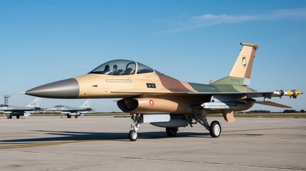 Fototapeta premium A sleek military jet f 16 is positioned on the tarmac, ready for departure. Nearby, additional aircraft await their turn, emphasizing the bustling atmosphere of a modern airbase