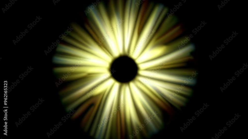 Poster abstract circular light pattern yellow white rays emanating from central dark circle on black background glowing radial burst effect video