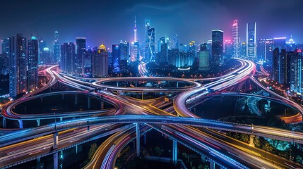 Obraz premium Nighttime aerial view of a large city with a complex highway interchange and tall skyscrapers lit up with colorful lights.