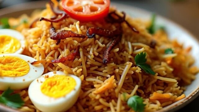 close up view of biryani dish with boiled eggs garnished with cilantro leaves tomato slice fried onions basmati rice food videography