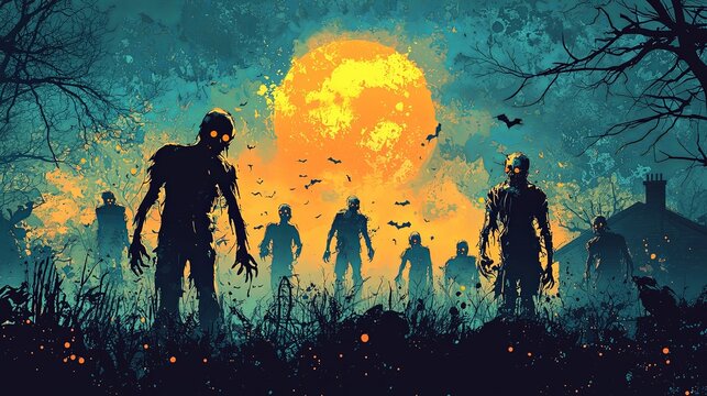 A group of zombies standing under a large yellow full moon against a dark ominous background with eerie bats flying, creating a haunting horror scene.