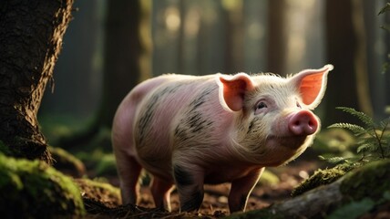 pig in the forest in a close-up photo