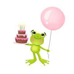 Happy birthday frog with cake and balloon