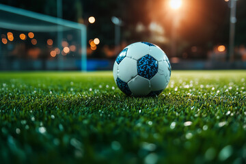 Fototapeta premium A classic soccer ball rests on bright artificial turf under shimmering lights at night, evoking the thrill of the game