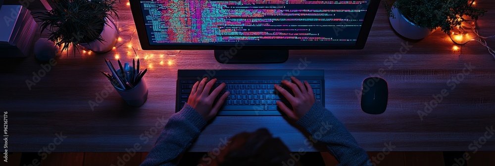 Poster Hands typing on a laptop with colorful code displayed on the screen, surrounded by bokeh lights. Highlights the creative process of coding.