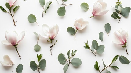 Fototapeta premium A circle of magnolia flowers and eucalyptus leaves, arranged delicately in a floating pattern, suspended on a stark white background, glowing softly