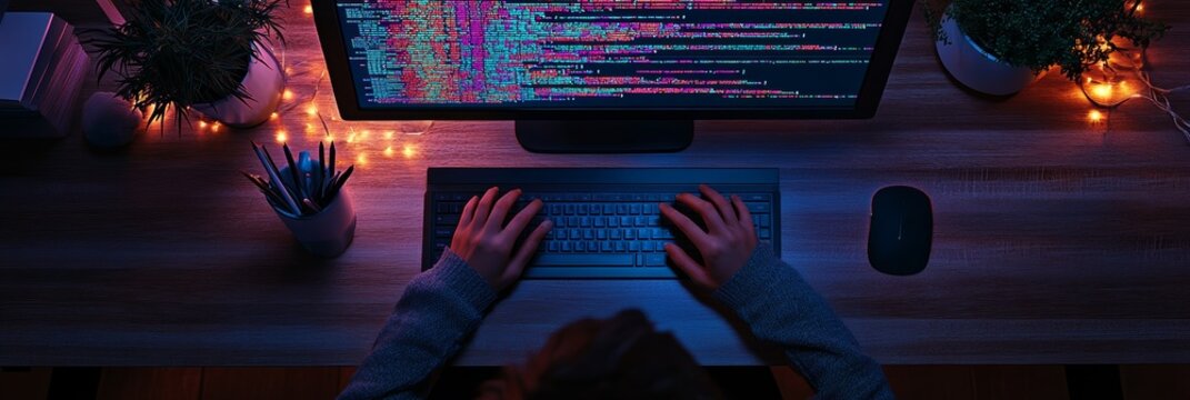 Hands typing on a laptop with colorful code displayed on the screen, surrounded by bokeh lights. Highlights the creative process of coding.