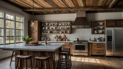 A Warm, Rustic Kitchen With Wooden Beams, Farmhouse-style Cabinets, And Vintage Appliances