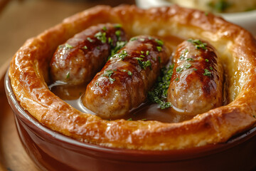 Delicious mini toad in the hole featuring baked sausages nestled in a golden pastry and savory gravy served at a cozy dinner setting