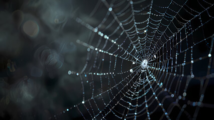  abstract background of an intricate spider web with delicate, shimmering silver threads against a dark, misty backdrop