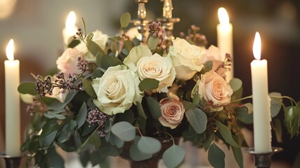 Obraz premium A romantic, candlelit flower arrangement with roses and eucalyptus, arranged in an antique candelabra for a vintage atmosphere